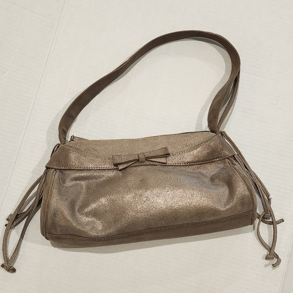 Sondra Roberts Bronze Metallic Bow detail purse Suede Fringe Thick strap